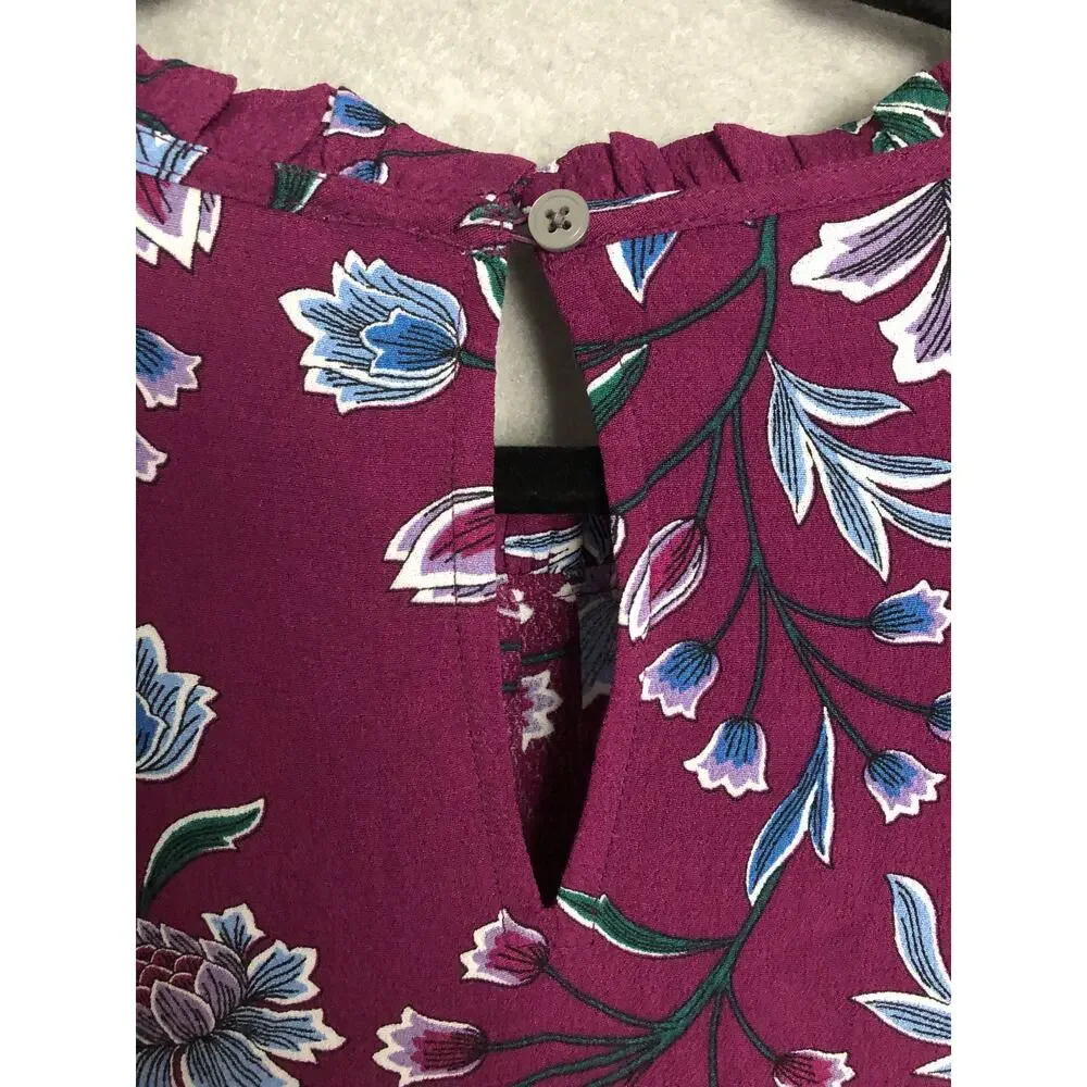 LOFT Pin Tuck Top Puff Sleeve Floral Purple Women's Large